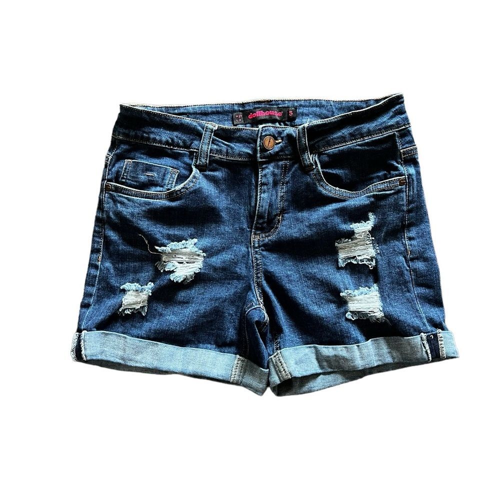 Dollhouse Distressed Rolled Cuff Dark Denim Blue Jean Shorts | Women’s 27